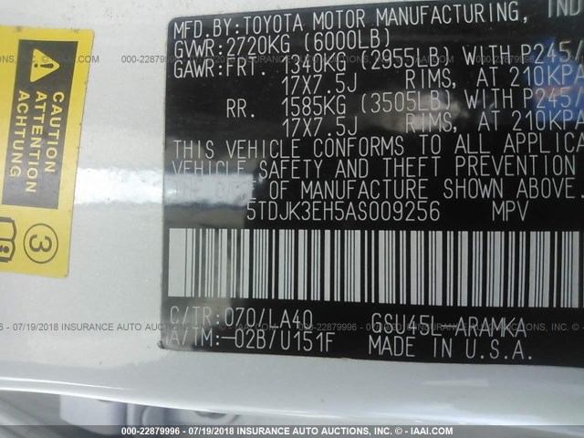 5TDJK3EH5AS009256 - 2010 TOYOTA HIGHLANDER SE WHITE photo 9