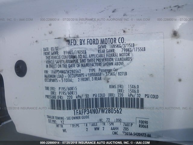 1FAFP34N07W280562 - 2007 FORD FOCUS ZX4/S/SE/SES 白色 照片 9