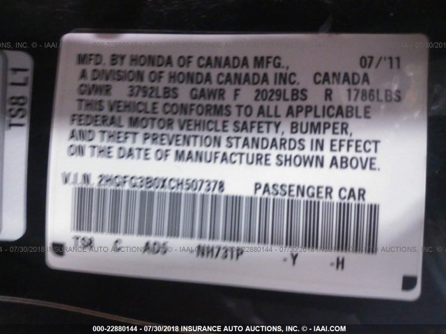 2HGFG3B0XCH507378 - 2012 HONDA CIVIC EXL 黑色 照片 9