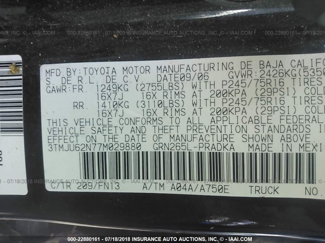3TMJU62N77M029880 - 2007 TOYOTA TACOMA DOUBLE CAB PRERUNNER BLACK photo 9