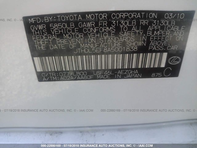 JTHDL5EF8A5001838 - 2010 LEXUS LS 460L WHITE photo 9