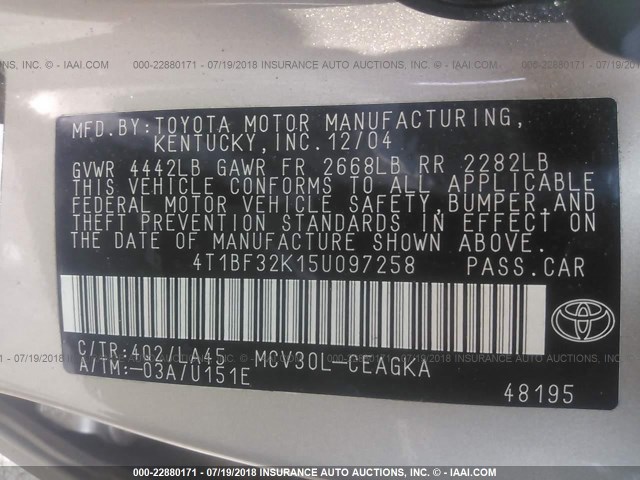 4T1BF32K15U097258 - 2005 TOYOTA CAMRY LE/XLE/SE Қоңыр фото 9