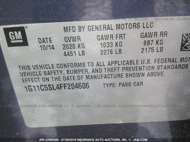 1G11C5SL4FF204606 - 2015 CHEVROLET MALIBU 1LT ლურჯი ფოტო 9