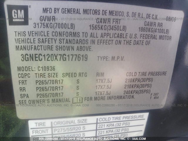 3GNEC120X7G177619 - 2007 CHEVROLET AVALANCHE C1500 BLUE photo 9