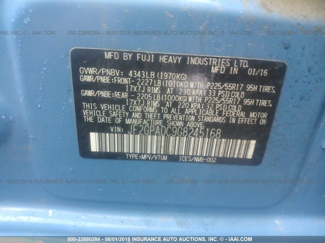 JF2GPADC9G8245168 - 2016 SUBARU CROSSTREK PREMIUM Niebieski zdjęcie 9