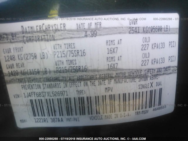 1J4FF68S7XL526971 - 1999 JEEP CHEROKEE SPORT/CLASSIC Zielony zdjęcie 9