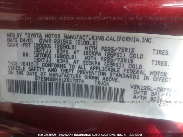 5TESN92N51Z817974 - 2001 TOYOTA TACOMA XTRACAB PRERUNNER RED photo 9