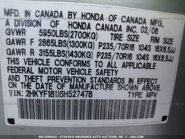 2HKYF18116H527478 - 2006 HONDA PILOT LX SILVER photo 9