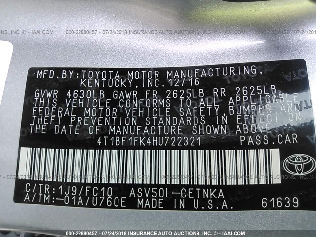 4T1BF1FK4HU722321 - 2017 TOYOTA CAMRY LE/XLE/SE/XSE 银色 照片 9