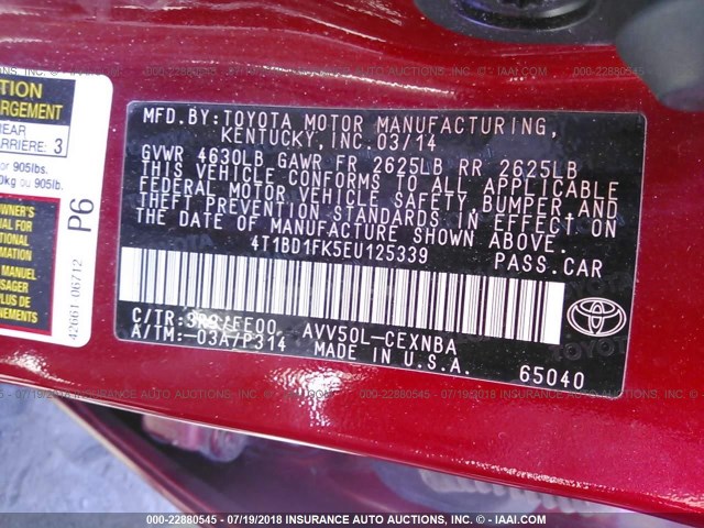 4T1BD1FK5EU125339 - 2014 TOYOTA CAMRY HYBRID/LE/XLE 红色 照片 9