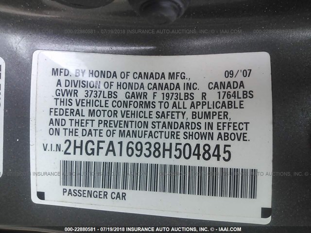 2HGFA16938H504845 - 2008 HONDA CIVIC EXL ნაცრისფერი ფოტო 9