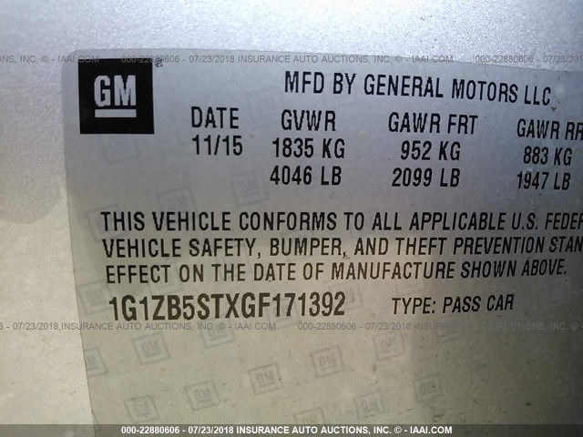 1G1ZB5STXGF171392 - 2016 CHEVROLET MALIBU LS ვერცხლისფერი ფოტო 9