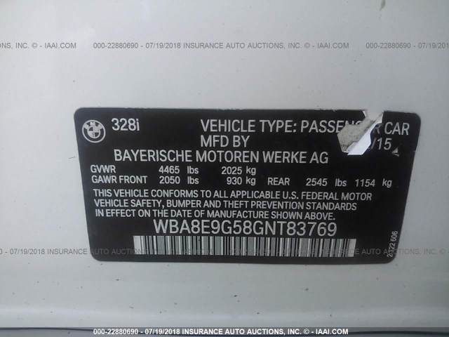 WBA8E9G58GNT83769 - 2016 BMW 328 I SULEV WHITE photo 9