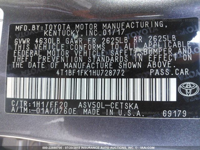 4T1BF1FK1HU728772 - 2017 TOYOTA CAMRY LE/XLE/SE/XSE 灰色 照片 9