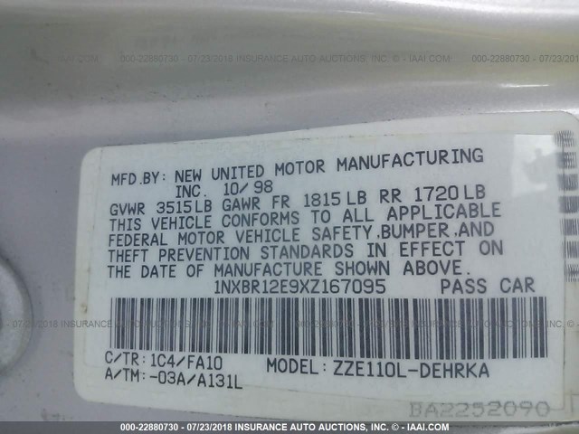 1NXBR12E9XZ167095 - 1999 TOYOTA COROLLA VE/CE/LE 银色 照片 9