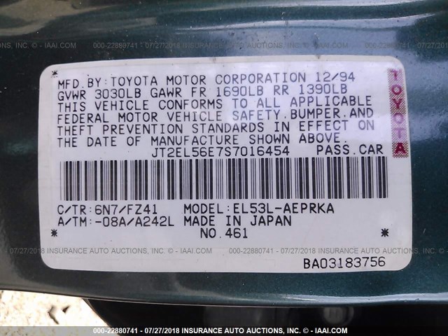 JT2EL56E7S7016454 - 1995 TOYOTA TERCEL DX GREEN photo 9