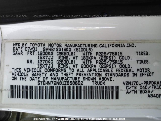 5TEHN72N31Z853662 - 2001 TOYOTA TACOMA DOUBLE CAB 白色 照片 9