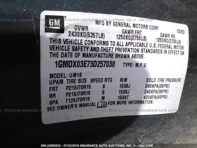 1GMDX03E73D257038 - 2003 PONTIAC MONTANA GREEN photo 9