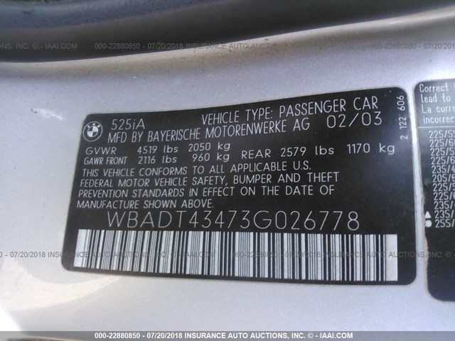 WBADT43473G026778 - 2003 BMW 525 I AUTOMATIC SILVER photo 9