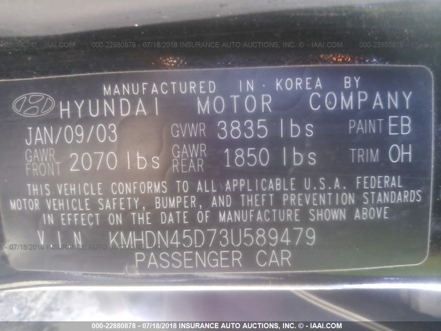 KMHDN45D73U589479 - 2003 HYUNDAI ELANTRA GLS/GT BLACK photo 9