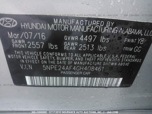 5NPE24AF4GH408461 - 2016 HYUNDAI SONATA SE SILVER photo 9