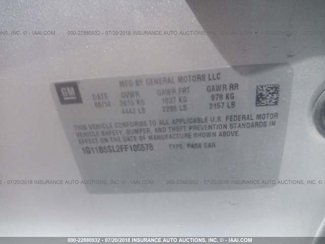 1G11B5SL2FF106578 - 2015 CHEVROLET MALIBU LS SILVER photo 9