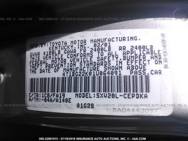 4T1BG22K01U064091 - 2001 TOYOTA CAMRY CE/LE/XLE SILVER photo 9