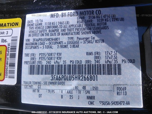 3FA6P0LU5HR266801 - 2017 FORD FUSION SE HYBRID BLACK photo 9