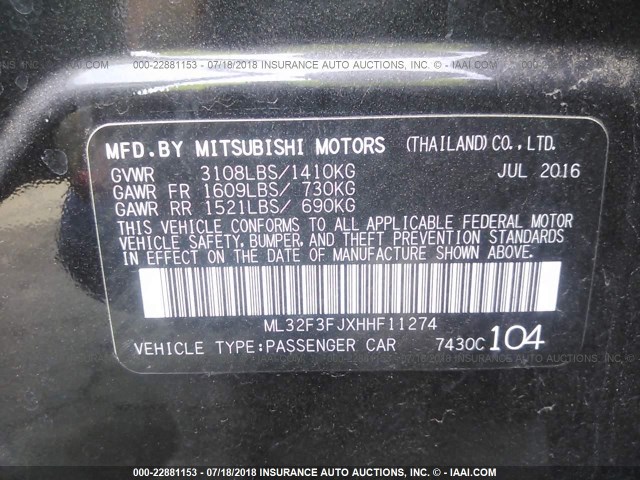 ML32F3FJXHHF11274 - 2017 MITSUBISHI MIRAGE G4 ES შავი ფოტო 9