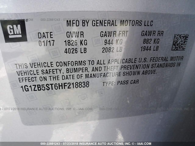 1G1ZB5ST6HF218838 - 2017 CHEVROLET MALIBU LS Gümüş foto 9