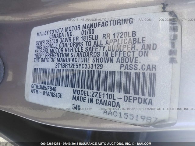 2T1BR12E5YC333129 - 2000 TOYOTA COROLLA VE/CE/LE 棕色 照片 9