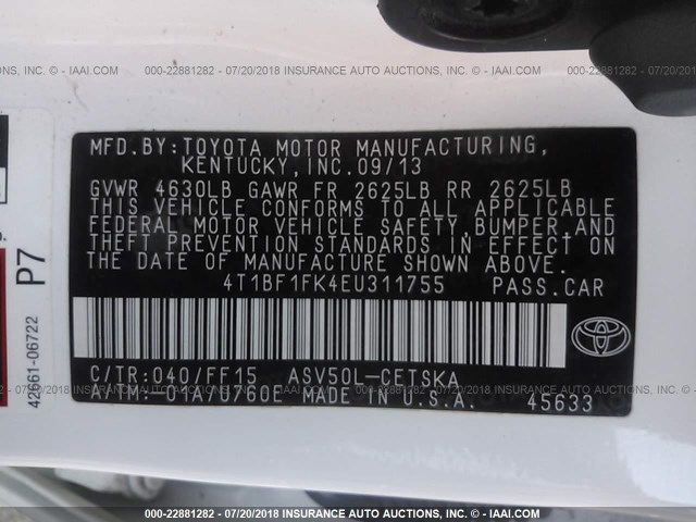 4T1BF1FK4EU311755 - 2014 TOYOTA CAMRY L/SE/LE/XLE 白色 照片 9