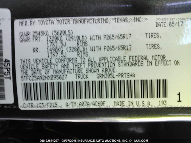 5TFCZ5AN2HX095027 - 2017 TOYOTA TACOMA DBL CAB/SR/TRDSPT/OR/PRO ნაცრისფერი ფოტო 9