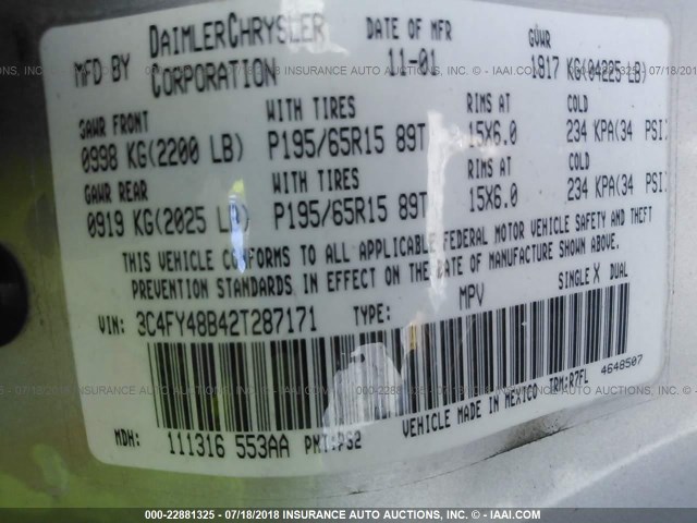 3C4FY48B42T287171 - 2002 CHRYSLER PT CRUISER CLASSIC GRAY photo 9