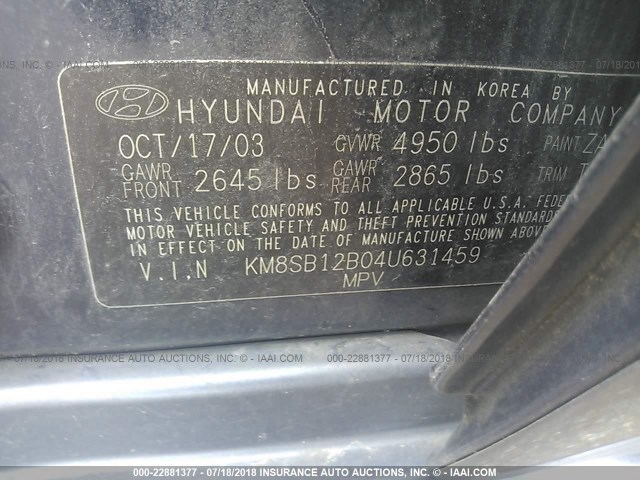 KM8SB12B04U631459 - 2004 HYUNDAI SANTA FE GL BLUE photo 9