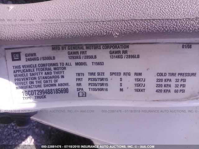 1GCDT299488185690 - 2008 CHEVROLET COLORADO LS WHITE photo 9