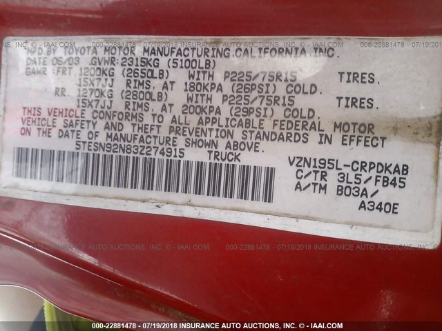 5TESN92N83Z274915 - 2003 TOYOTA TACOMA XTRACAB PRERUNNER წითელი ფოტო 9