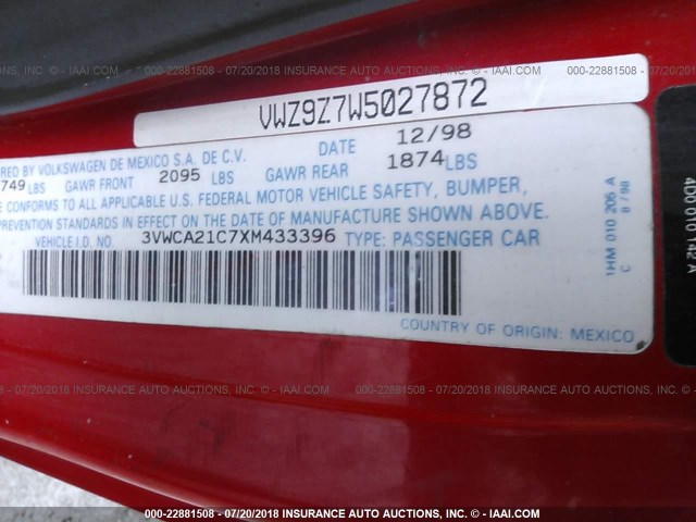 3VWCA21C7XM433396 - 1999 VOLKSWAGEN NEW BEETLE GLS RED photo 8