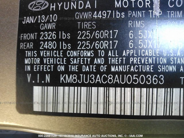 KM8JU3AC8AU050363 - 2010 HYUNDAI TUCSON GLS/LIMITED Champagne photo 9