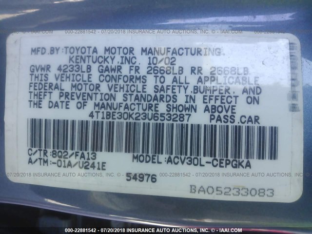 4T1BE30K23U653287 - 2003 TOYOTA CAMRY LE/XLE/SE 浅蓝色 照片 9