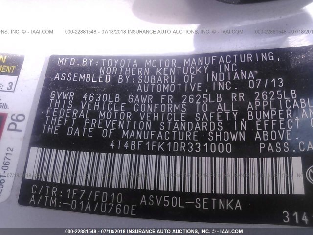 4T4BF1FK1DR331000 - 2013 TOYOTA CAMRY L/SE/LE/XLE 银色 照片 9