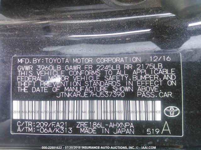 JTNKARJE7HJ537390 - 2017 TOYOTA COROLLA IM BLACK photo 9