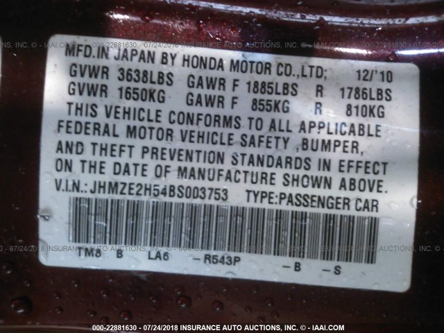 JHMZE2H54BS003753 - 2011 HONDA INSIGHT LX BURGUNDY photo 9