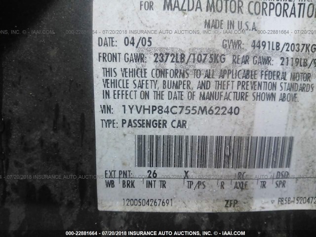 1YVHP84C755M62240 - 2005 MAZDA 6 I Grau Foto 9