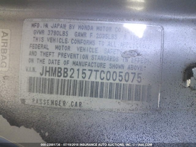 JHMBB2157TC005075 - 1996 HONDA PRELUDE SI/SR SILVER photo 9