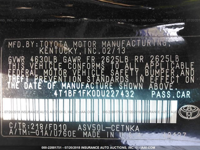 4T1BF1FK0DU227432 - 2013 TOYOTA CAMRY L/SE/LE/XLE შავი ფოტო 9