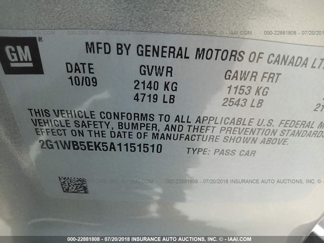 2G1WB5EK5A1151510 - 2010 CHEVROLET IMPALA LT GOLD photo 9