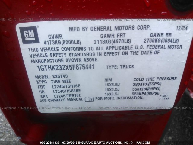 1GTHK232X5F876441 - 2005 GMC SIERRA K2500 HEAVY DUTY RED photo 9