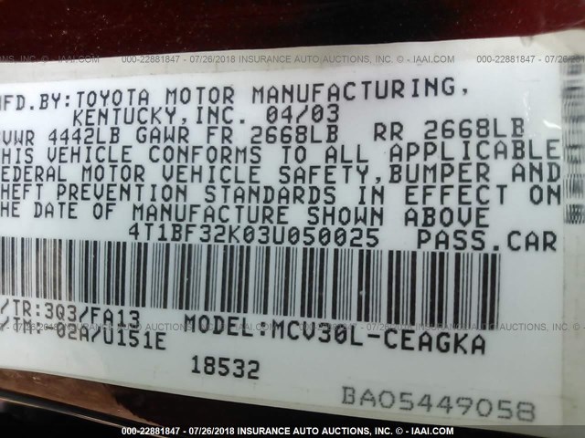 4T1BF32K03U050025 - 2003 TOYOTA CAMRY LE/XLE/SE 红色 照片 9