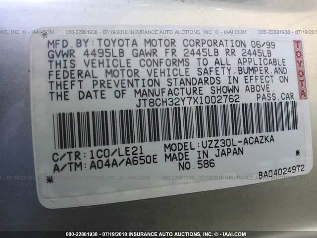 JT8CH32Y7X1002762 - 1999 LEXUS SC 400 SILVER photo 9